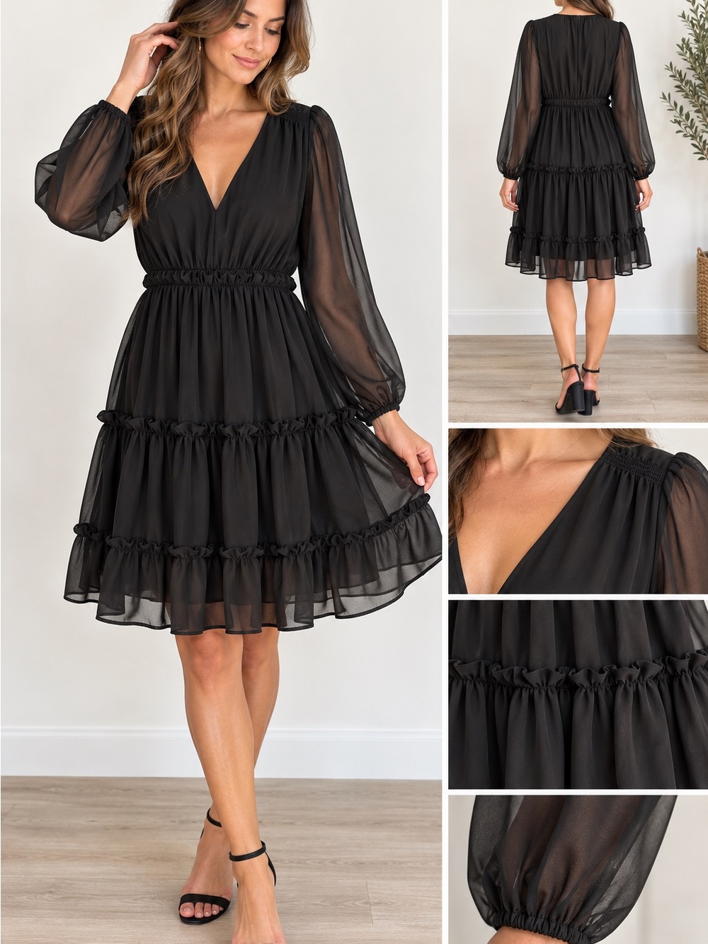 ModCloth Cheers for Tiers Black Chiffon Tiered Mini Dress Size 2